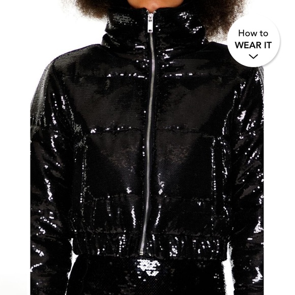 NWT Black Allover Sequence Embellishments Crop Puffer Jacket, Juniors Medium - Picture 2 of 4